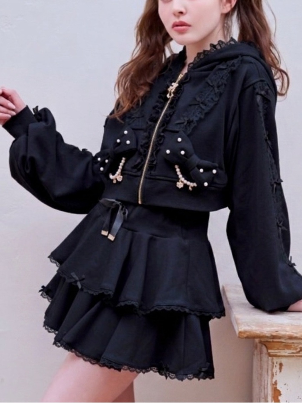 Liz Lisa Ribbon Hoodie Set Up (Black)
